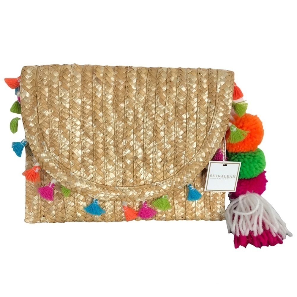 SHIRALEAH Woven Rainbow Tassel & Pompom Envelope Purse Bag YOLO Clutch Natural